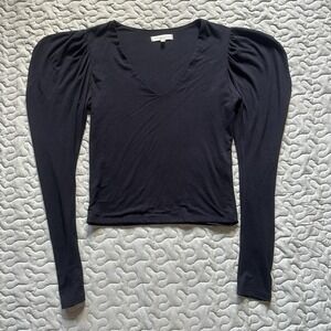 WasabiMint Women's Black Long Sleeve V-Neck Balloon Shoulder Size Medium